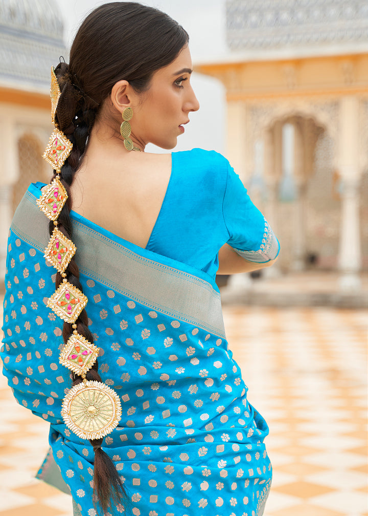 Blue Georgette Silk Saree Featuring Woven Designer Patterns