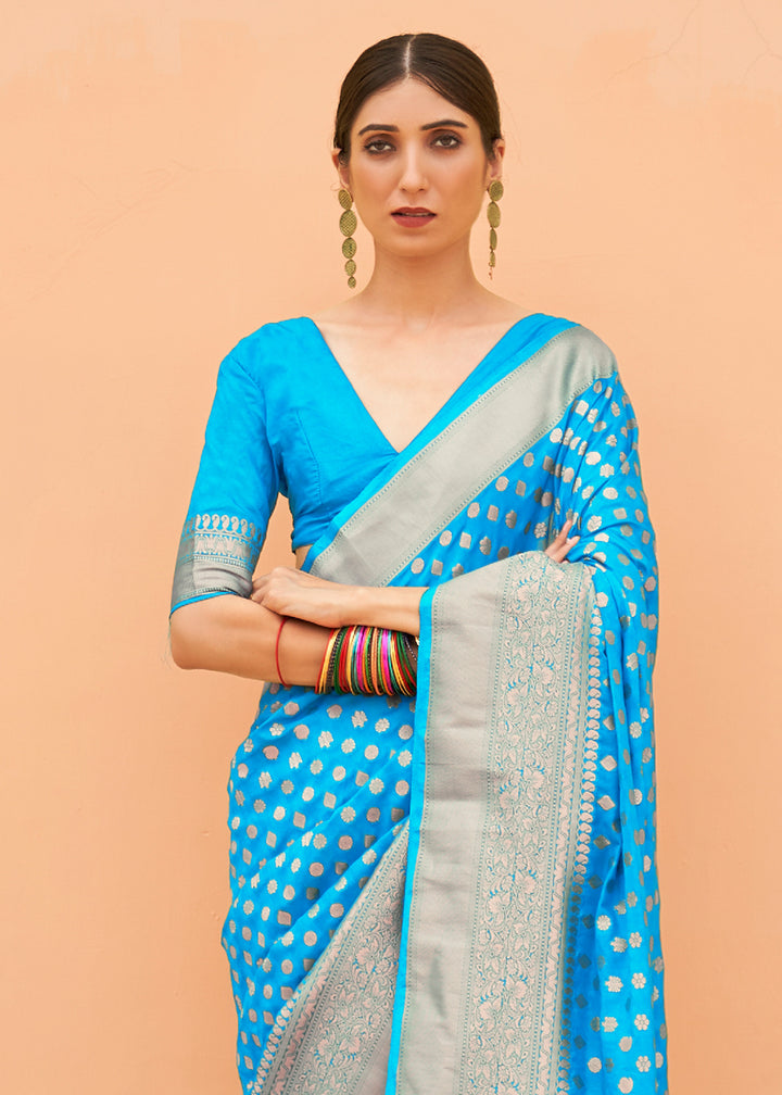 Blue Georgette Silk Saree Featuring Woven Designer Patterns