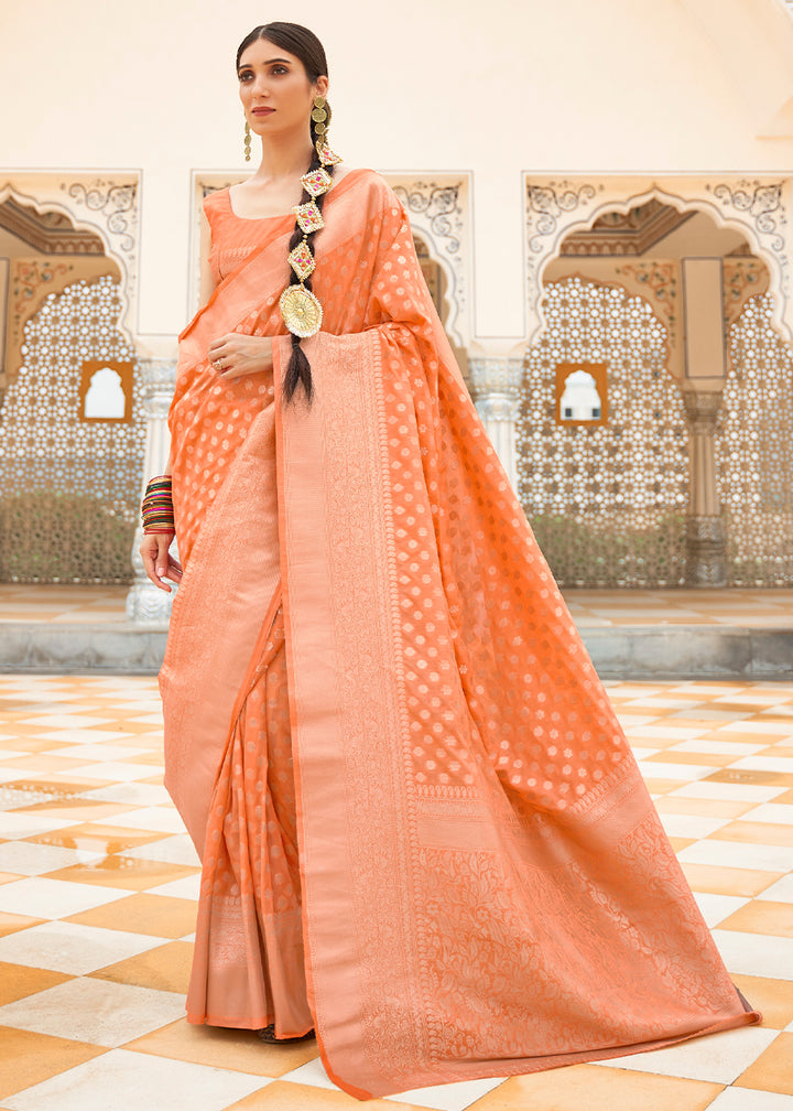 Coral Orange Georgette Silk Saree Featuring Woven Designer Patterns