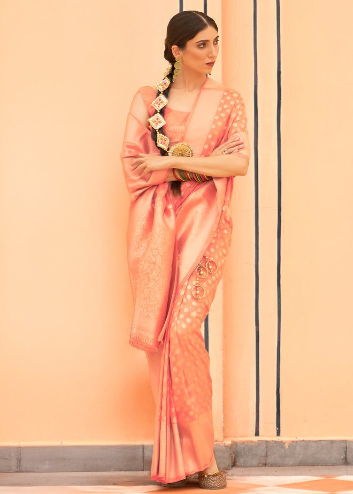 Coral Orange Georgette Silk Saree Featuring Woven Designer Patterns