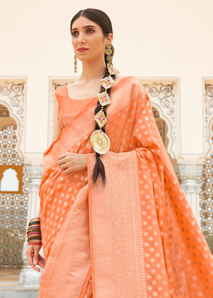 Coral Orange Georgette Silk Saree Featuring Woven Designer Patterns