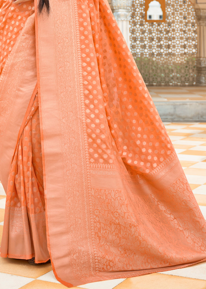 Coral Orange Georgette Silk Saree Featuring Woven Designer Patterns
