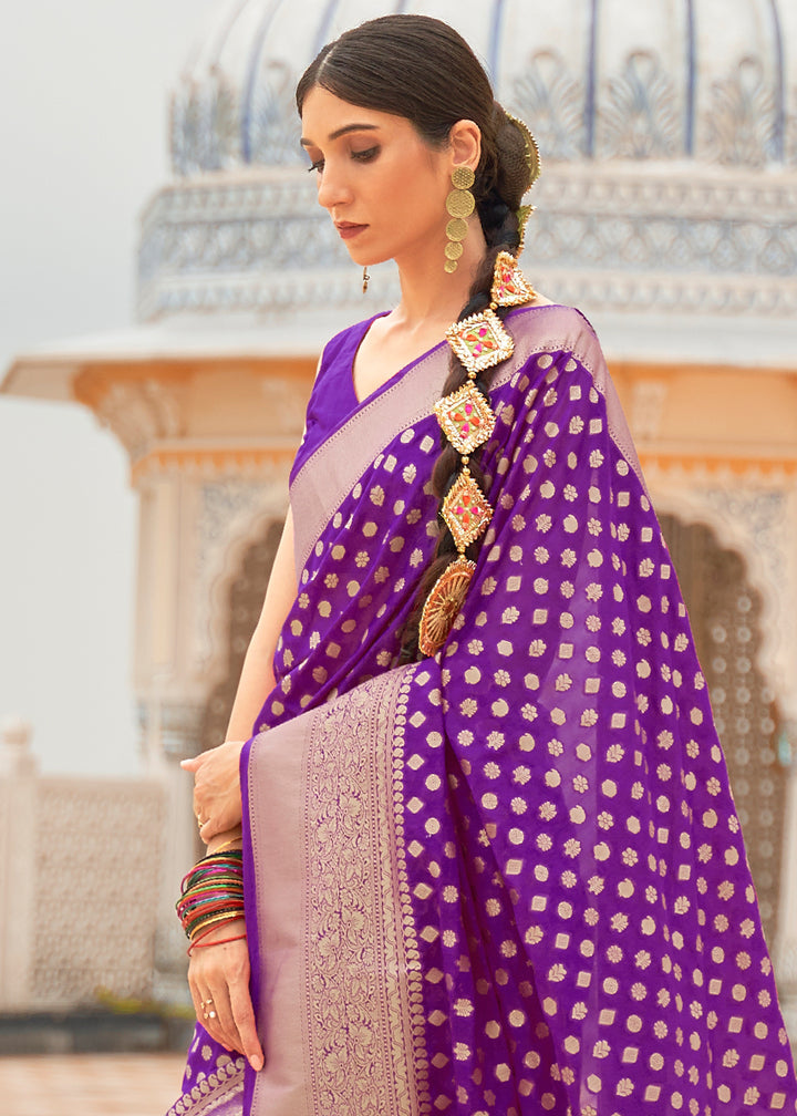 Grape Purple Georgette Silk Saree Featuring Woven Designer Patterns
