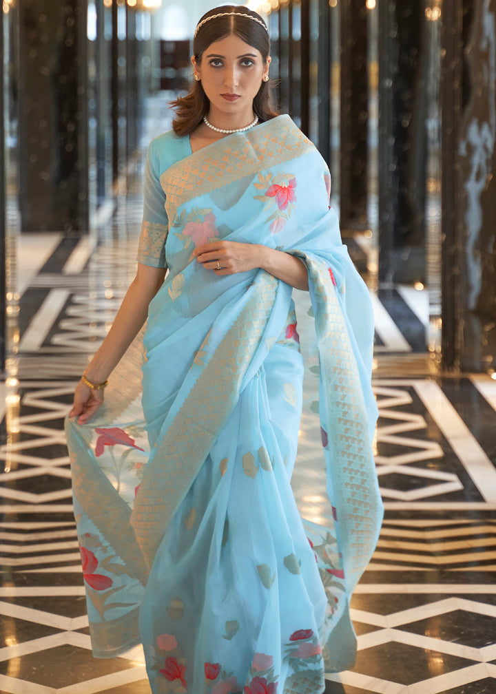 Zari Woven Sky Blue Linen Silk Saree – Perfect for Summer