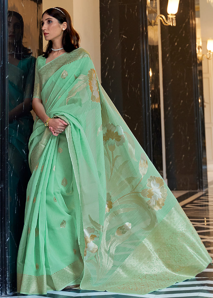 Zari Woven Cool Green Linen Silk Saree – Perfect for Summer