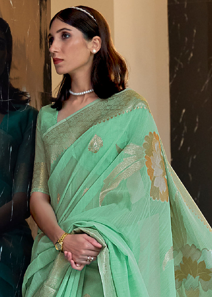 Zari Woven Cool Green Linen Silk Saree – Perfect for Summer