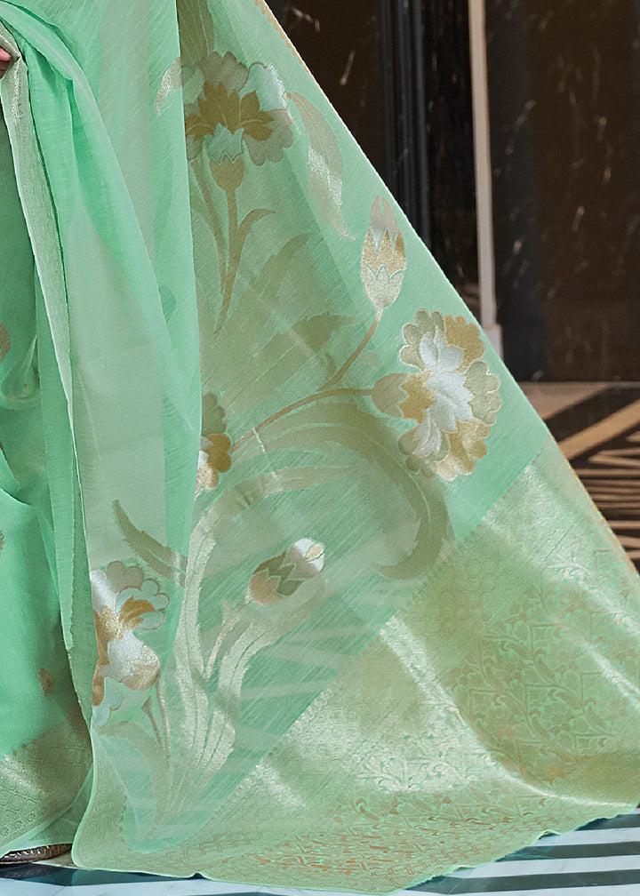 Zari Woven Cool Green Linen Silk Saree – Perfect for Summer