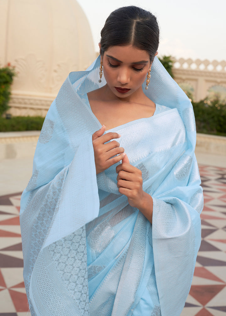 Zari Woven Coral Blue Linen Silk Saree – Perfect for Summer