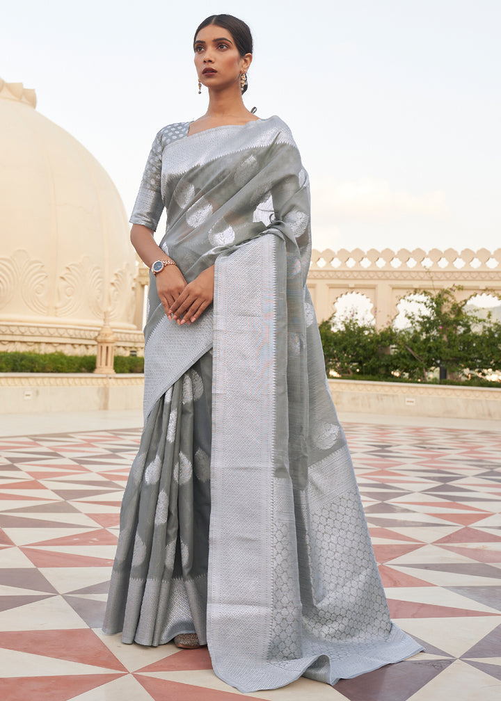 Zari Woven lead Grey Linen Silk Saree – Perfect for Summer