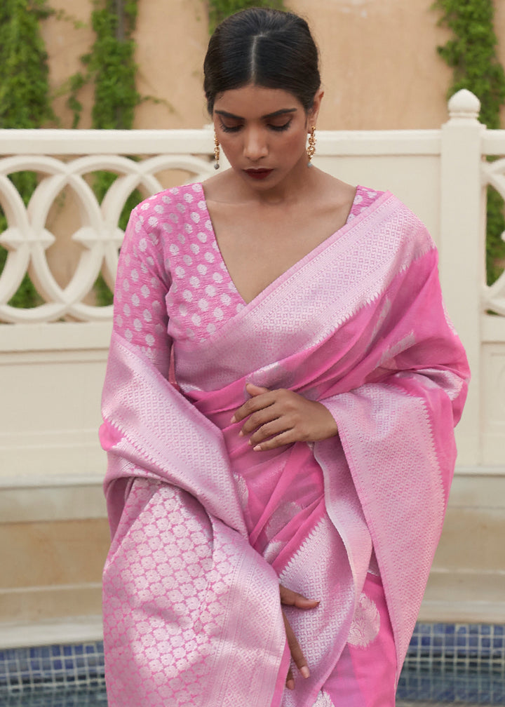 Zari Woven Neon Pink Linen Silk Saree – Perfect for Summer