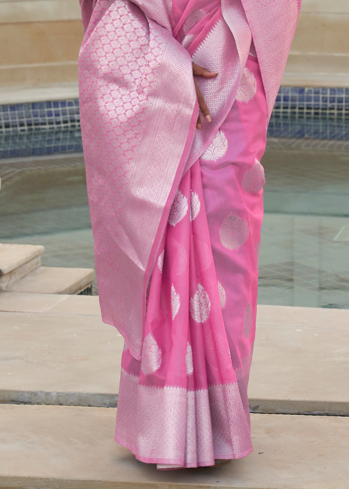 Zari Woven Neon Pink Linen Silk Saree – Perfect for Summer