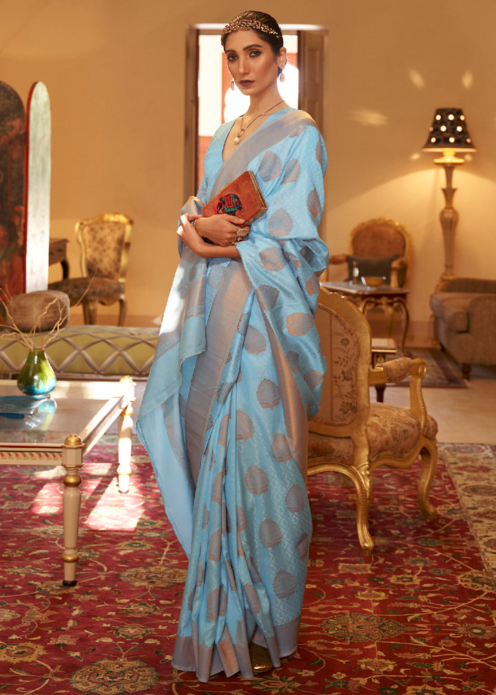 Sky Blue Kanjivaram Silk Saree Crafted with Copper Zari Work
