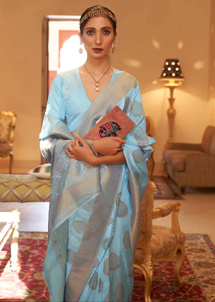 Sky Blue Kanjivaram Silk Saree Crafted with Copper Zari Work