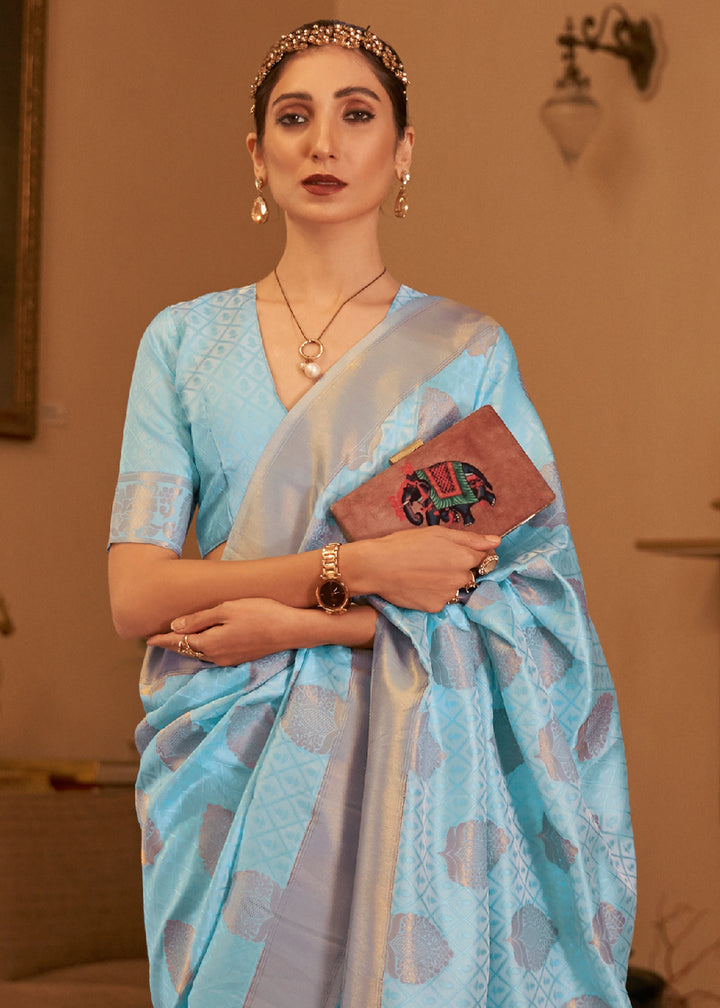 Sky Blue Kanjivaram Silk Saree Crafted with Copper Zari Work