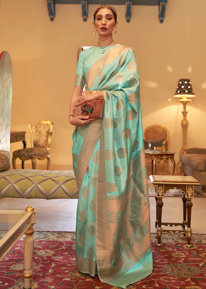 Mint Green Kanjivaram Silk Saree Crafted with Copper Zari Work
