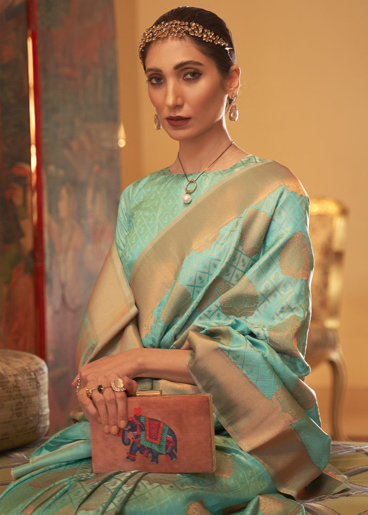 Mint Green Kanjivaram Silk Saree Crafted with Copper Zari Work