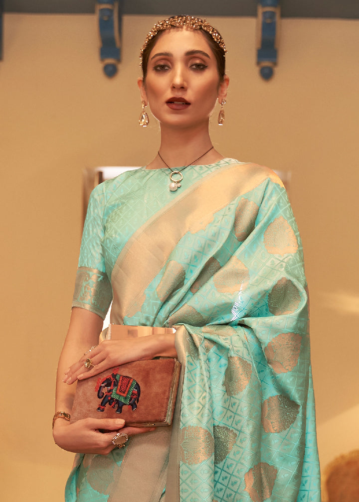 Mint Green Kanjivaram Silk Saree Crafted with Copper Zari Work