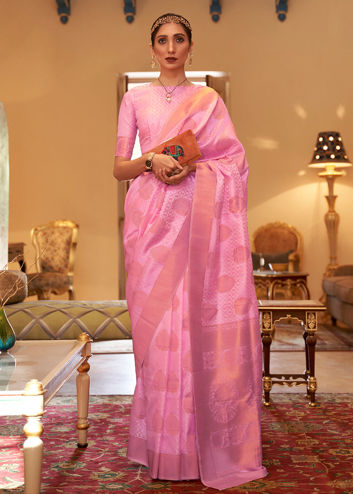 Taffy Pink Kanjivaram Silk Saree Crafted with Copper Zari Work