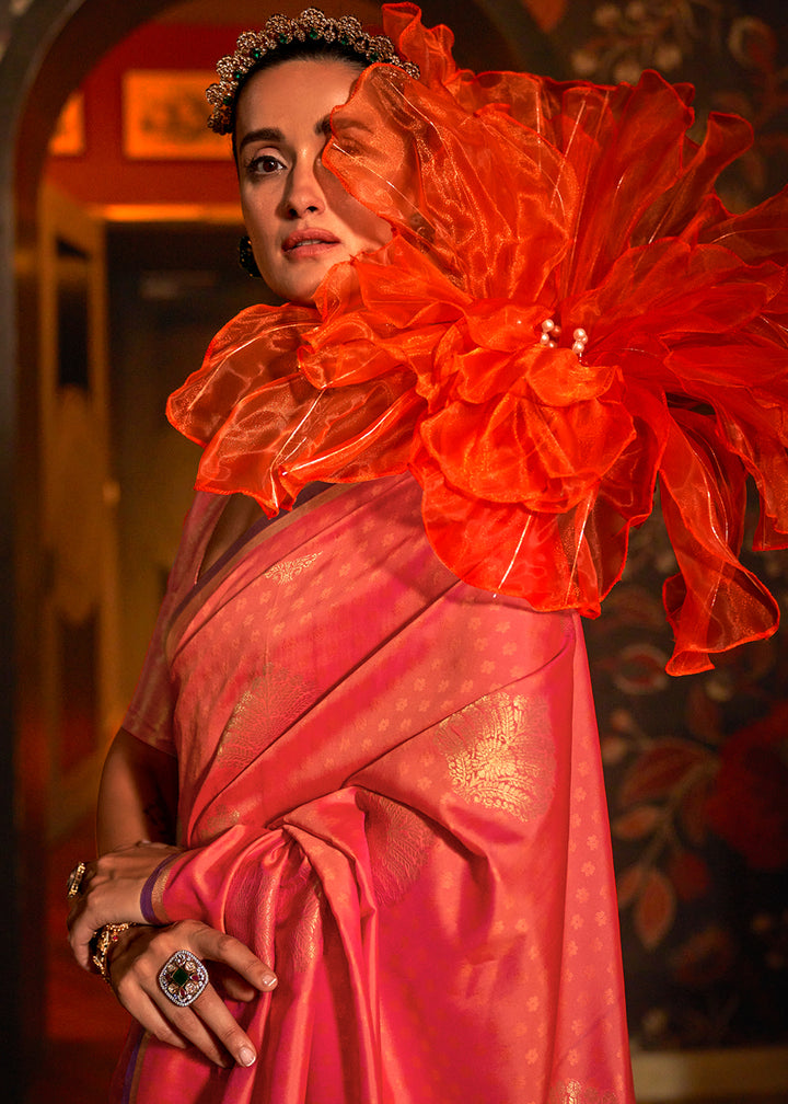 Reddish Pink Handloom Silk Saree with Intricate Weaving & Brocade Blouse