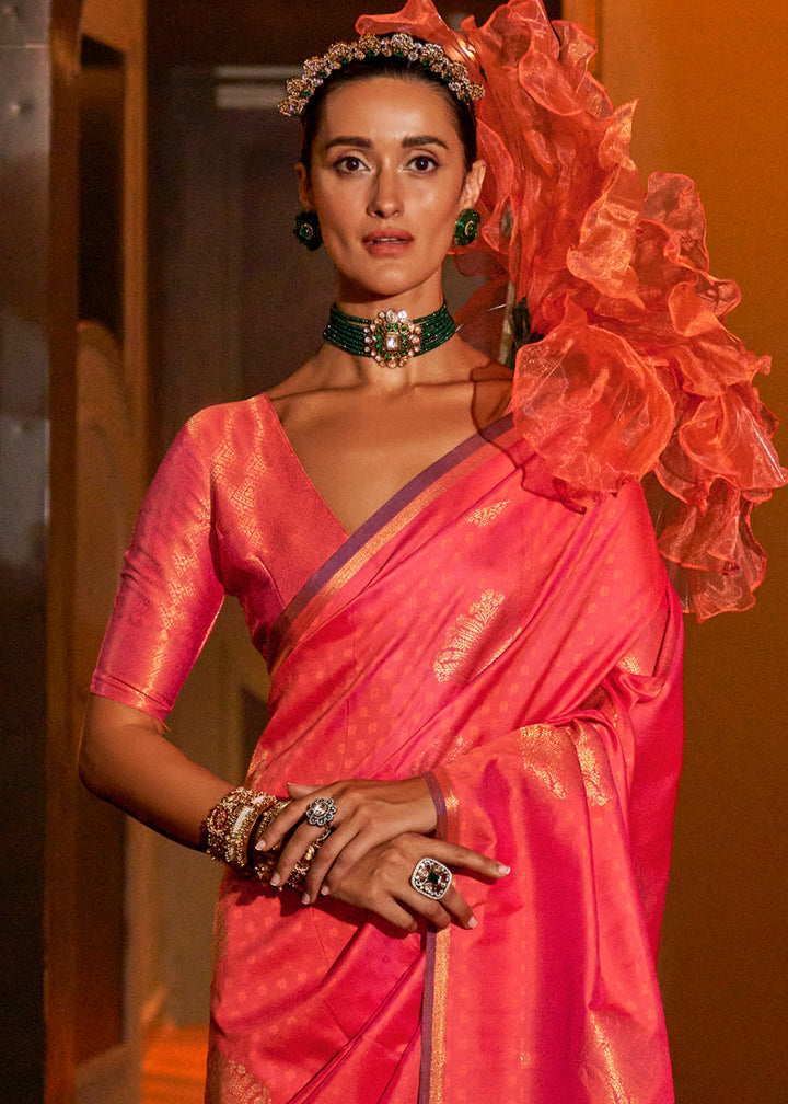 Reddish Pink Handloom Silk Saree with Intricate Weaving & Brocade Blouse