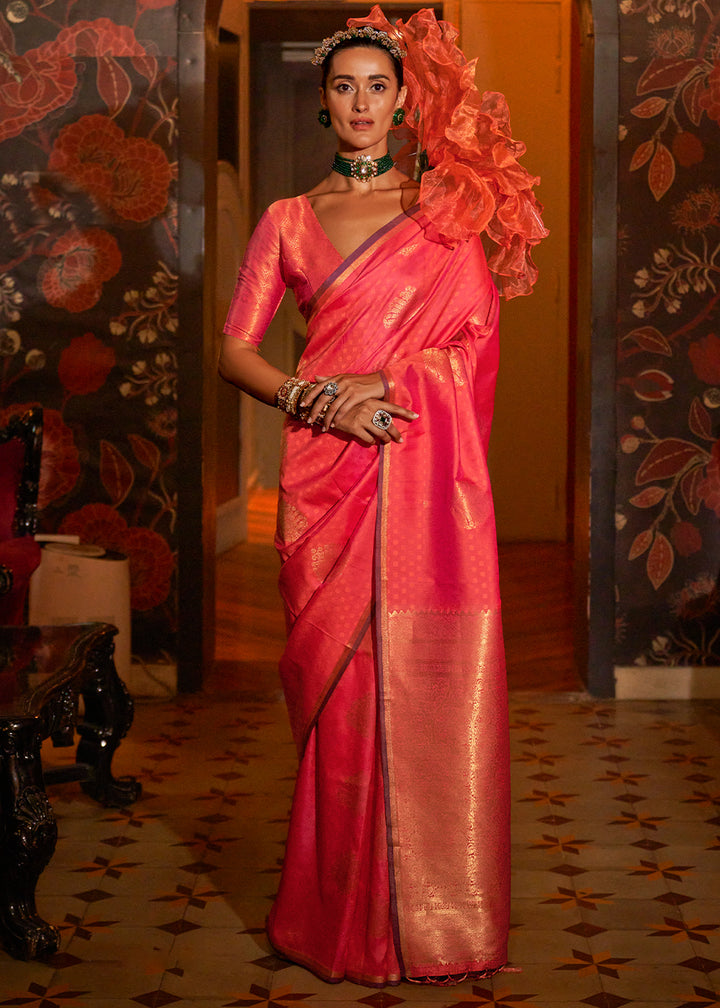 Reddish Pink Handloom Silk Saree with Intricate Weaving & Brocade Blouse