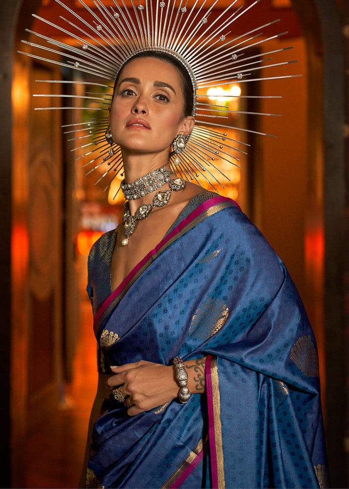 Indigo Dye Blue Handloom Silk Saree with Intricate Weaving & Brocade Blouse