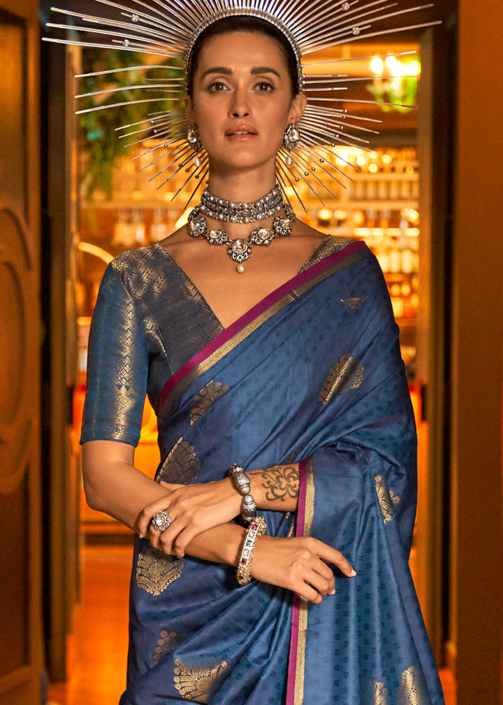 Indigo Dye Blue Handloom Silk Saree with Intricate Weaving & Brocade Blouse