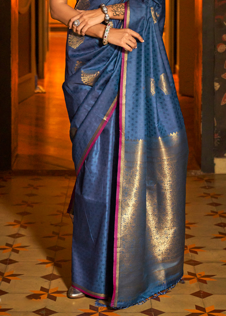 Indigo Dye Blue Handloom Silk Saree with Intricate Weaving & Brocade Blouse