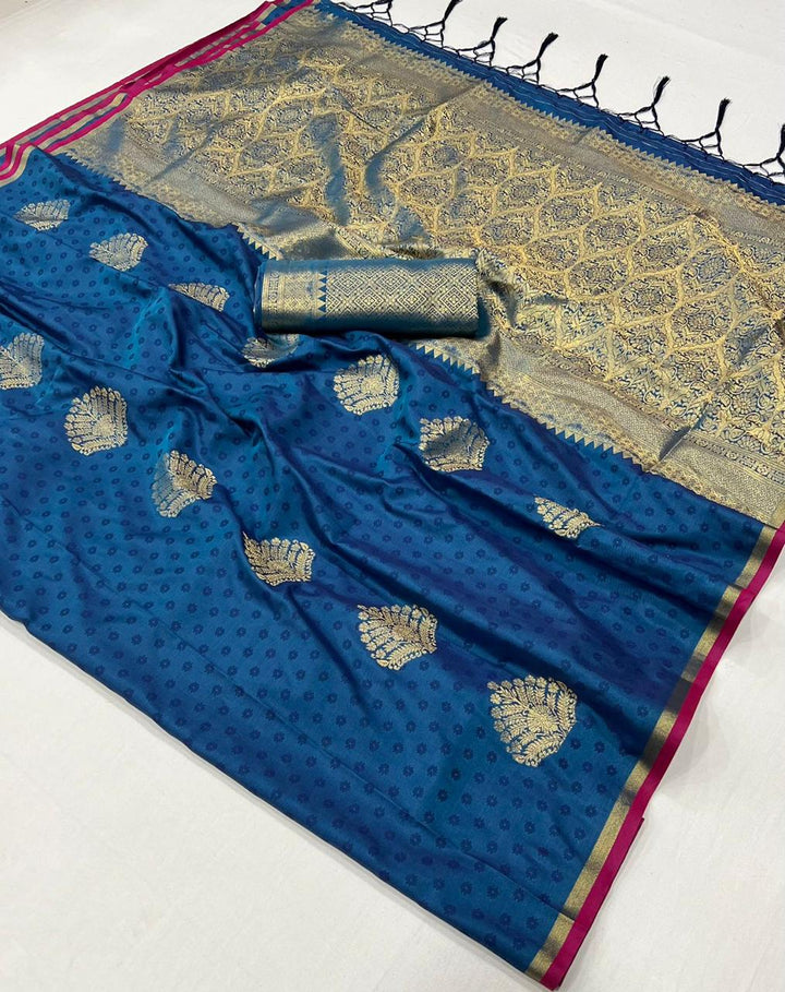 Indigo Dye Blue Handloom Silk Saree with Intricate Weaving & Brocade Blouse