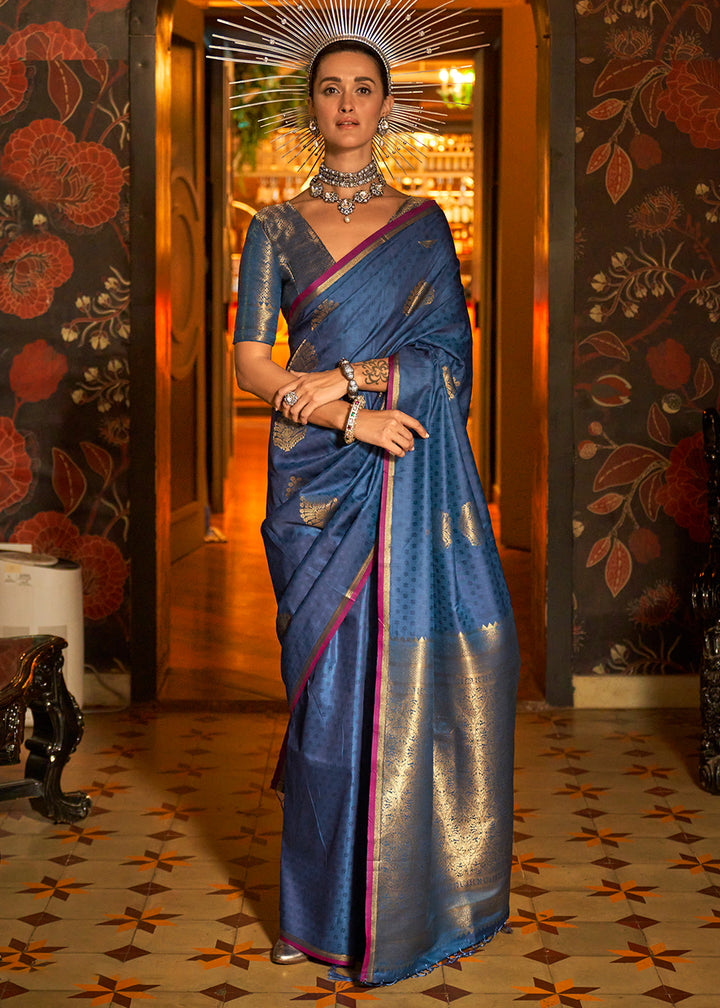 Indigo Dye Blue Handloom Silk Saree with Intricate Weaving & Brocade Blouse