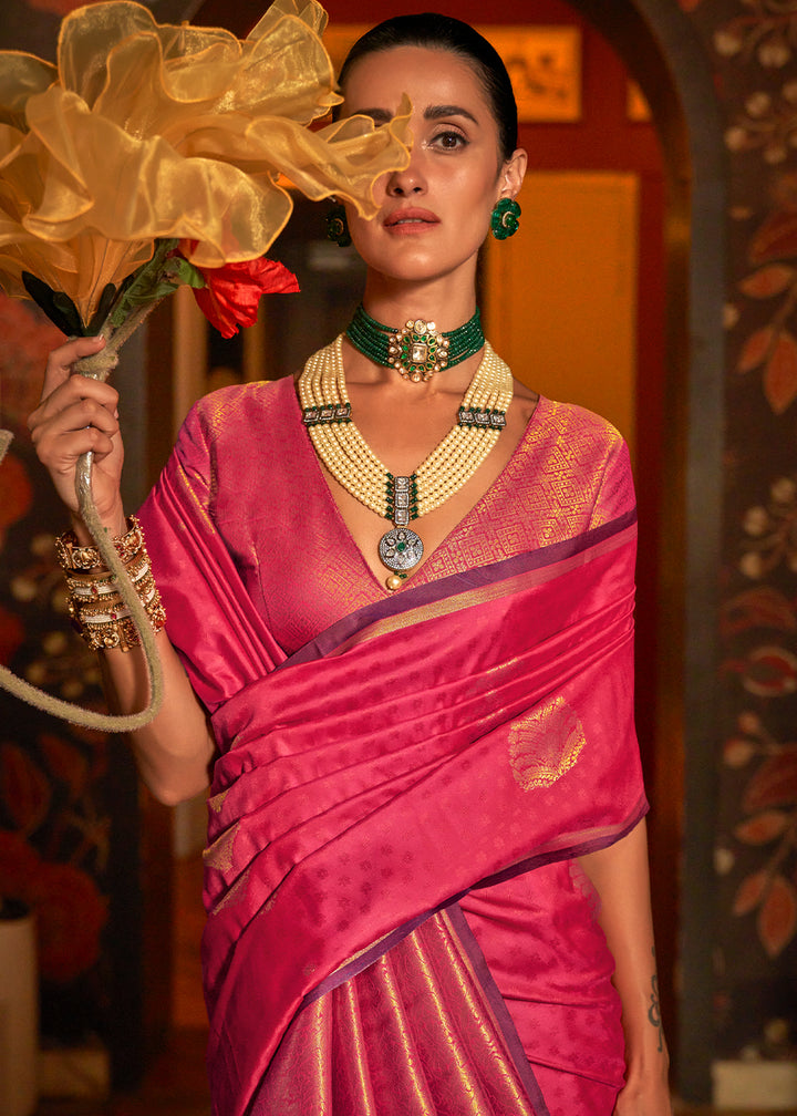 Hot Pink Handloom Silk Saree with Intricate Weaving & Brocade Blouse