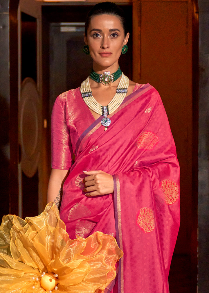 Hot Pink Handloom Silk Saree with Intricate Weaving & Brocade Blouse