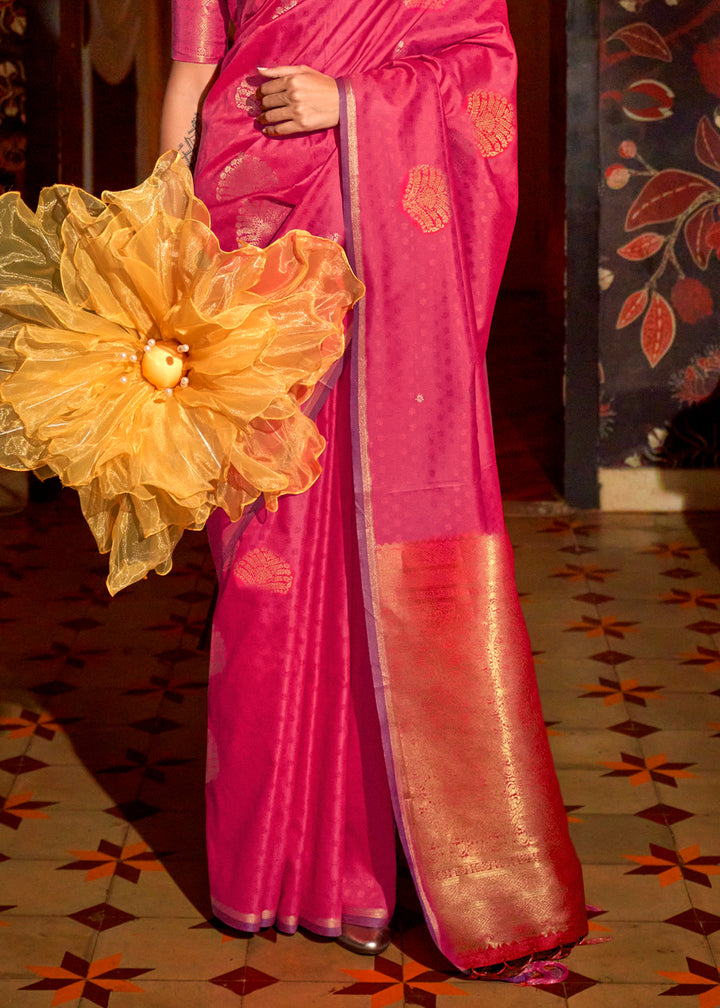 Hot Pink Handloom Silk Saree with Intricate Weaving & Brocade Blouse