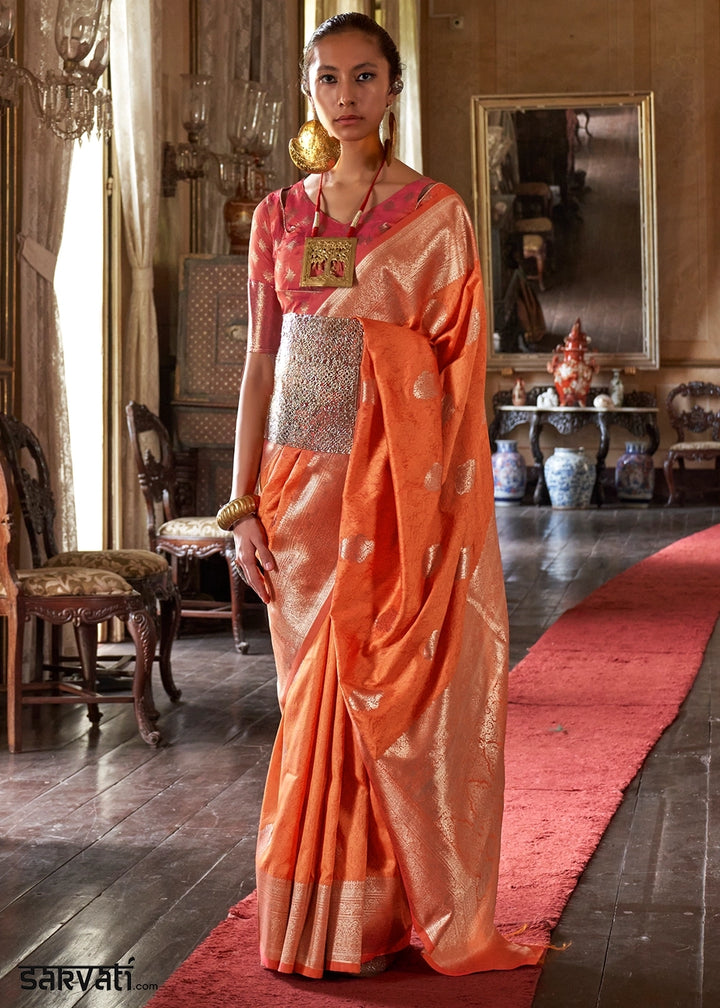 Lava Orange Silk Saree with Subtle Two-Tone Weave and Brocade Blouse