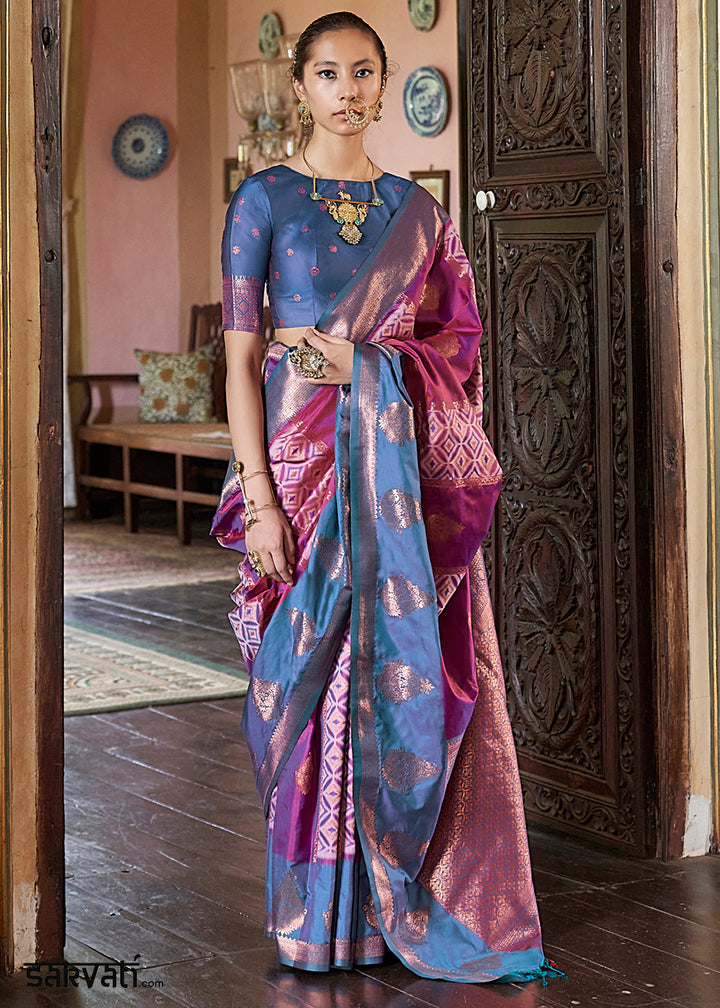 Wild Berry Pink Ikat Pochampally Handloom Silk Saree with Contrast Blouse