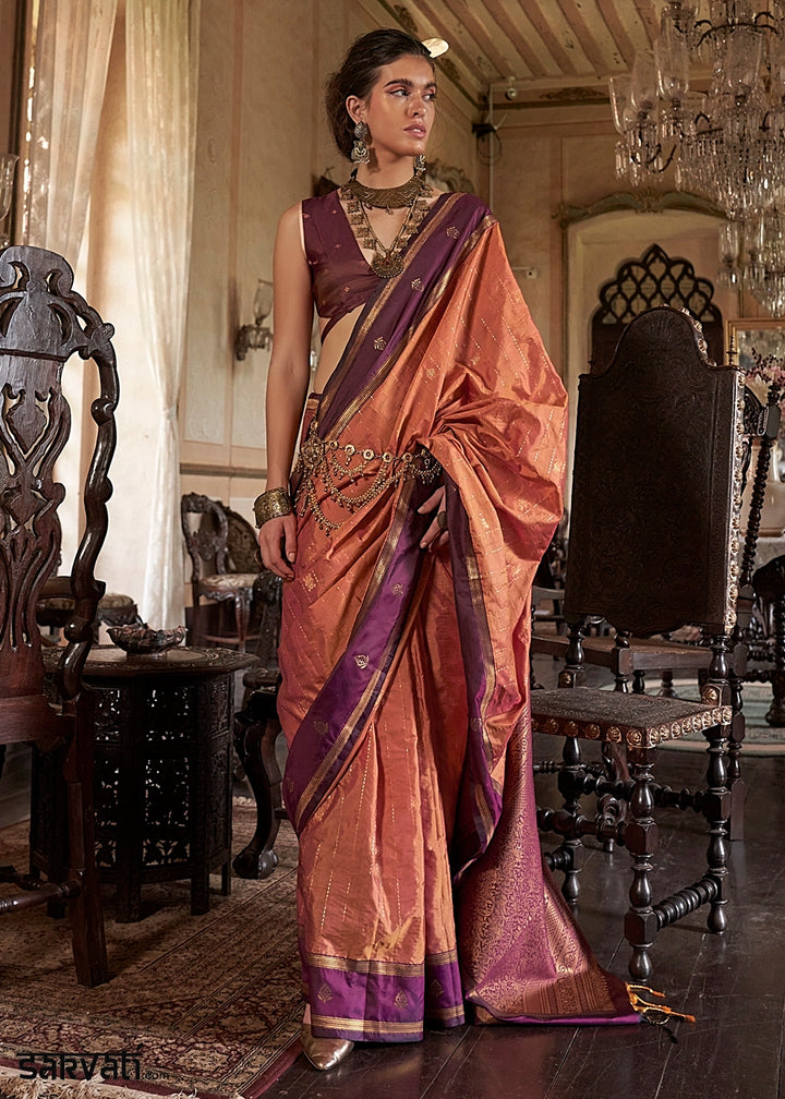 Tangerine Orange Tussar Silk Handloom Saree with Elegant Zari Weave