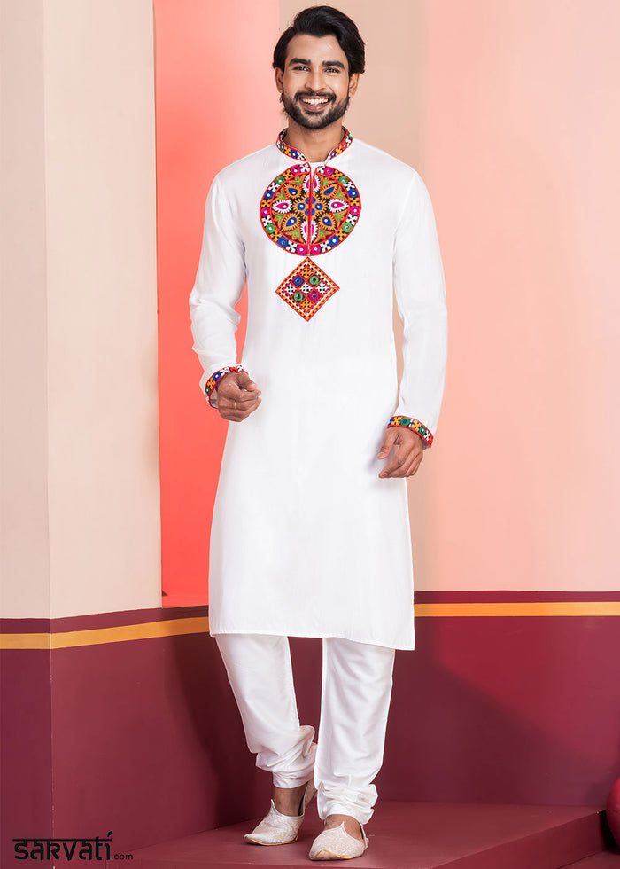Pure White Rayon Kurta Pajama with Mirrorwork & Threaded Neckline
