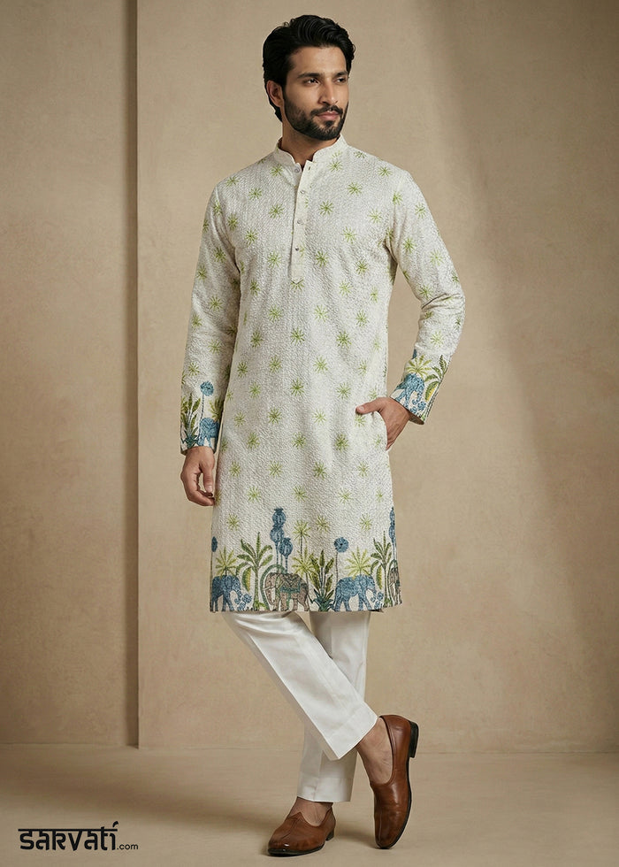 Tea Green Elephant Garden Printed Kurta Pajama Set