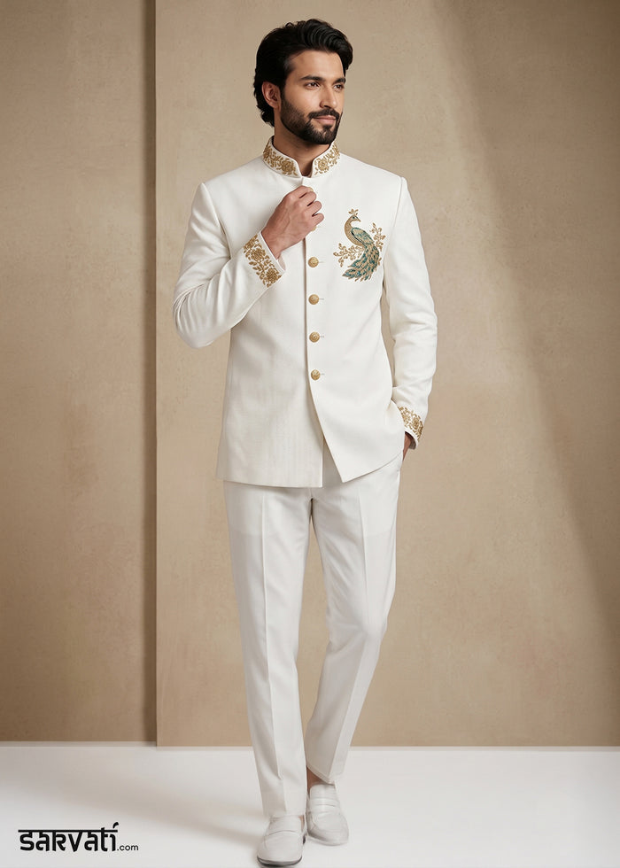 White Satin Silk Jodhpuri Suit with Peacock Embroidery