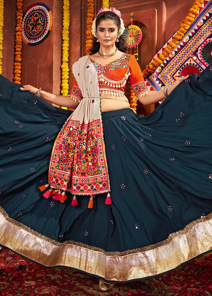 Prussian Blue Lehenga Choli with Kutchi Mirror and Thread Detailing
