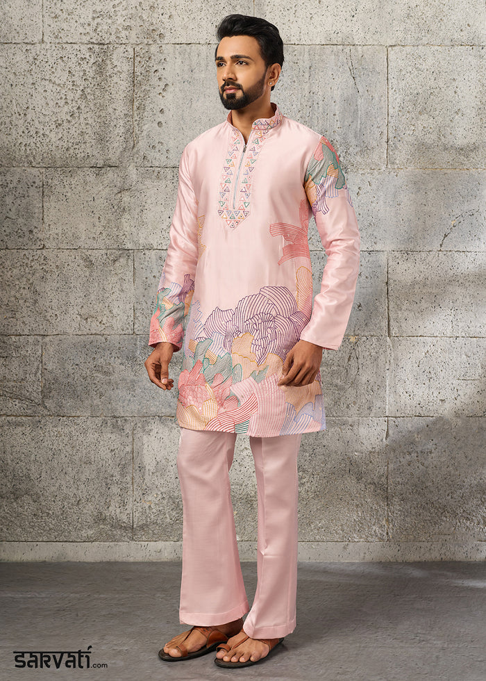 Peach Pink Silk Festive Kurta Pajama Set with Intricate Sequin Detailing