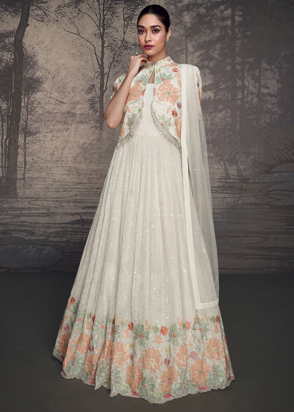 white christmas dresses Designer White Anarkali Dress with Handcrafted Peacock Motifs – Asnowera main image 1