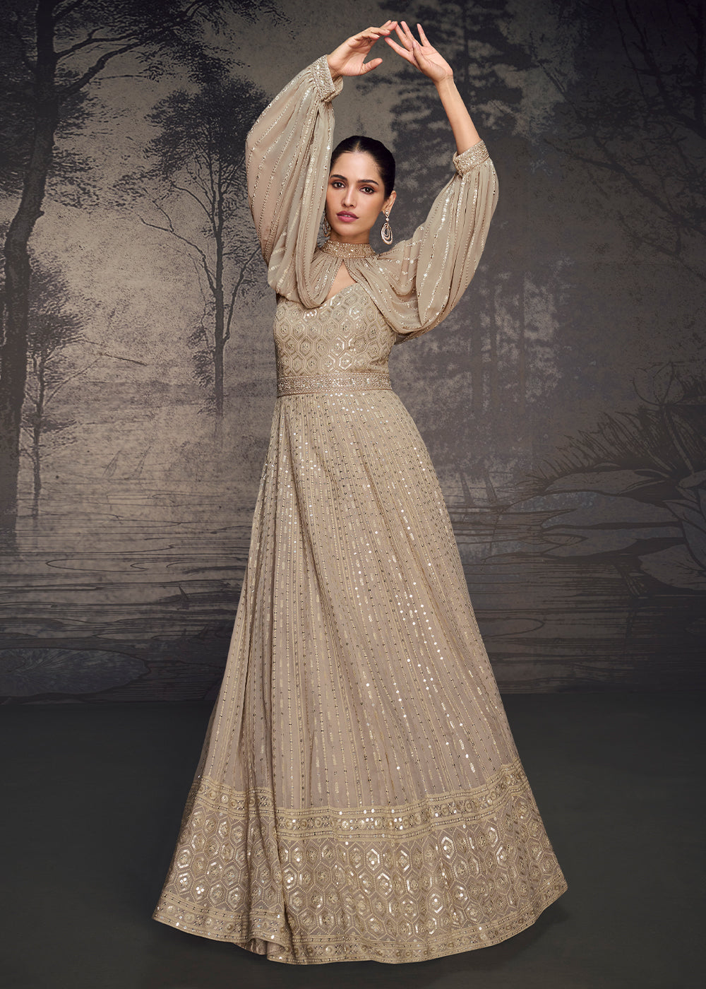 Greyish Brown Designer Anarkali Gown Featuring Exquisite Embroidery Wo House of Sarvatii LLC Greyish Brown Designer Anarkali Gown Featuring Exquisite Embroidery Wo House of Sarvatii LLC