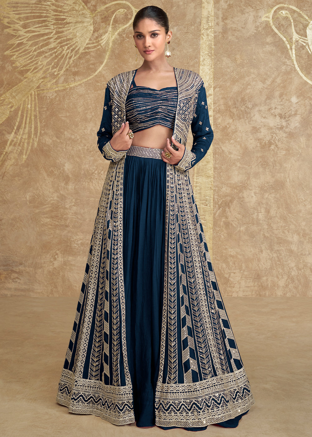 Space Blue Chinon Silk Crop Top Skirt with Long Jacket – House