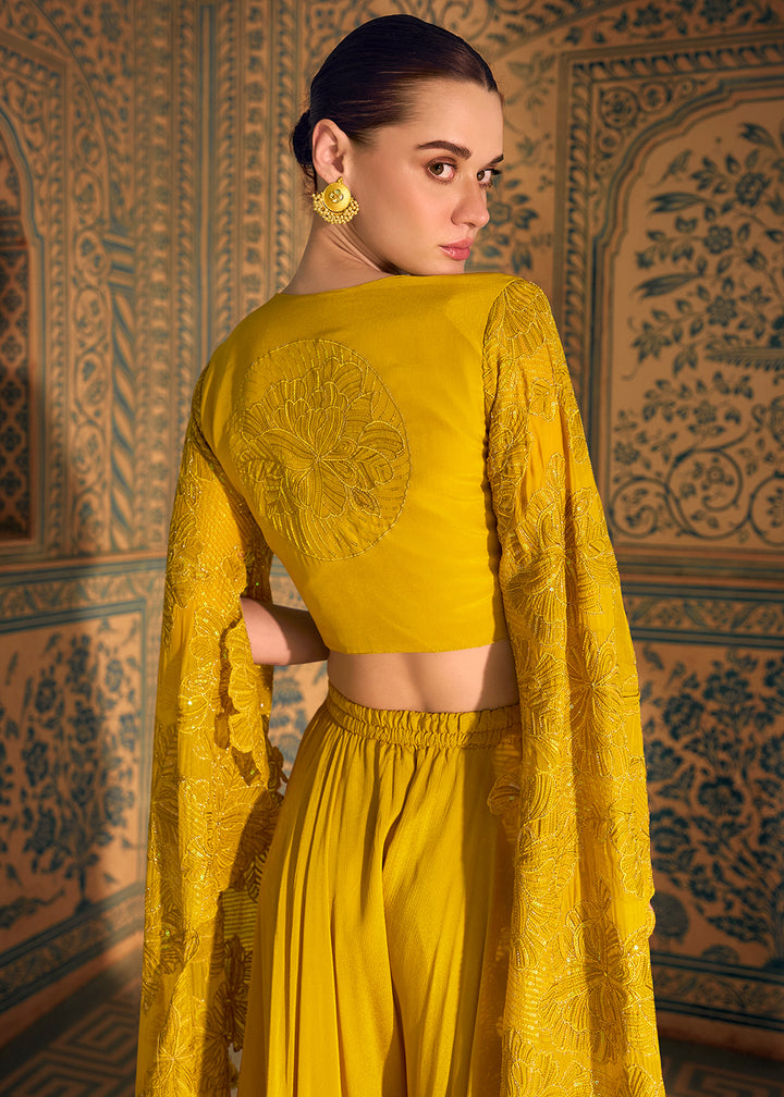 Canary Yellow Chinon Silk Palazzo Set with Long Sleeves Embroidered Top