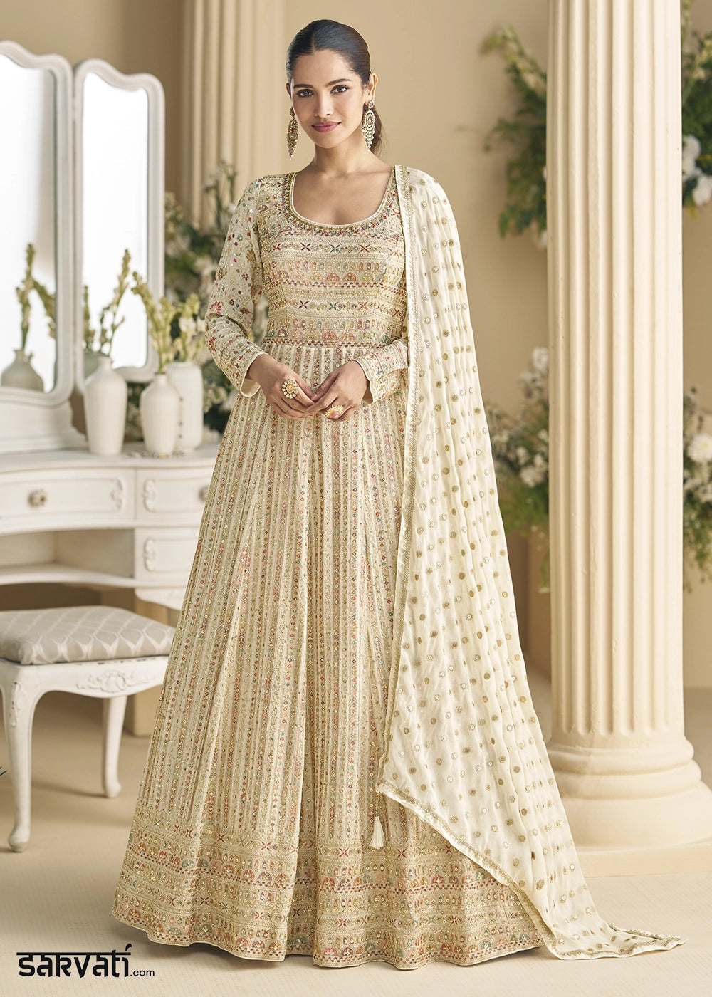 Cream White Georgette Anarkali Gown with Swarovski and Zarkan Work, S Cream White Georgette Anarkali Gown with Swarovski and Zarkan Work, S
