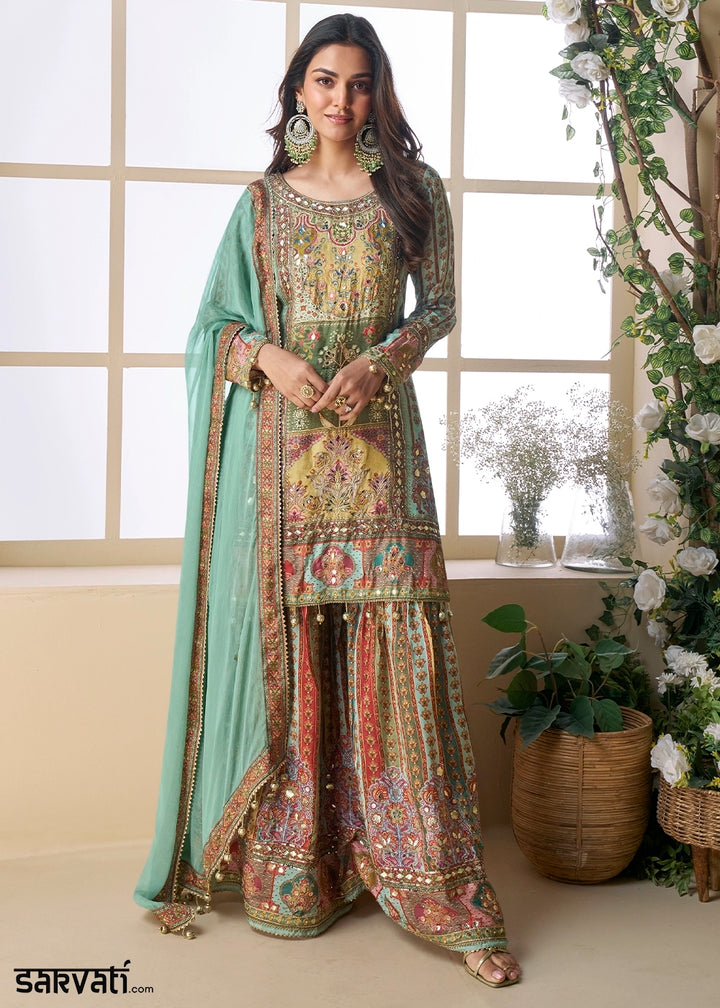 Shaded Blue-Green Palazzo Set in Viscose Crepe Silk with Aari Work