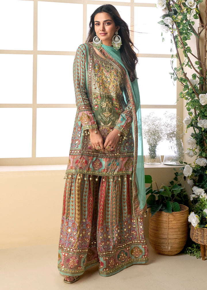 Shaded Blue-Green Palazzo Set in Viscose Crepe Silk with Aari Work
