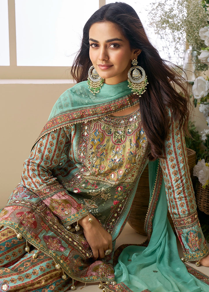 Shaded Blue-Green Palazzo Set in Viscose Crepe Silk with Aari Work