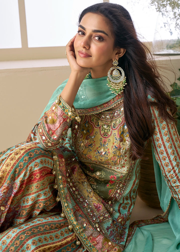Shaded Blue-Green Palazzo Set in Viscose Crepe Silk with Aari Work